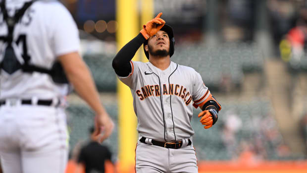 SF Giants left fielder Thairo Estrada celebrates after hitting a lead off home run against the Detroit Tigers. (2023)